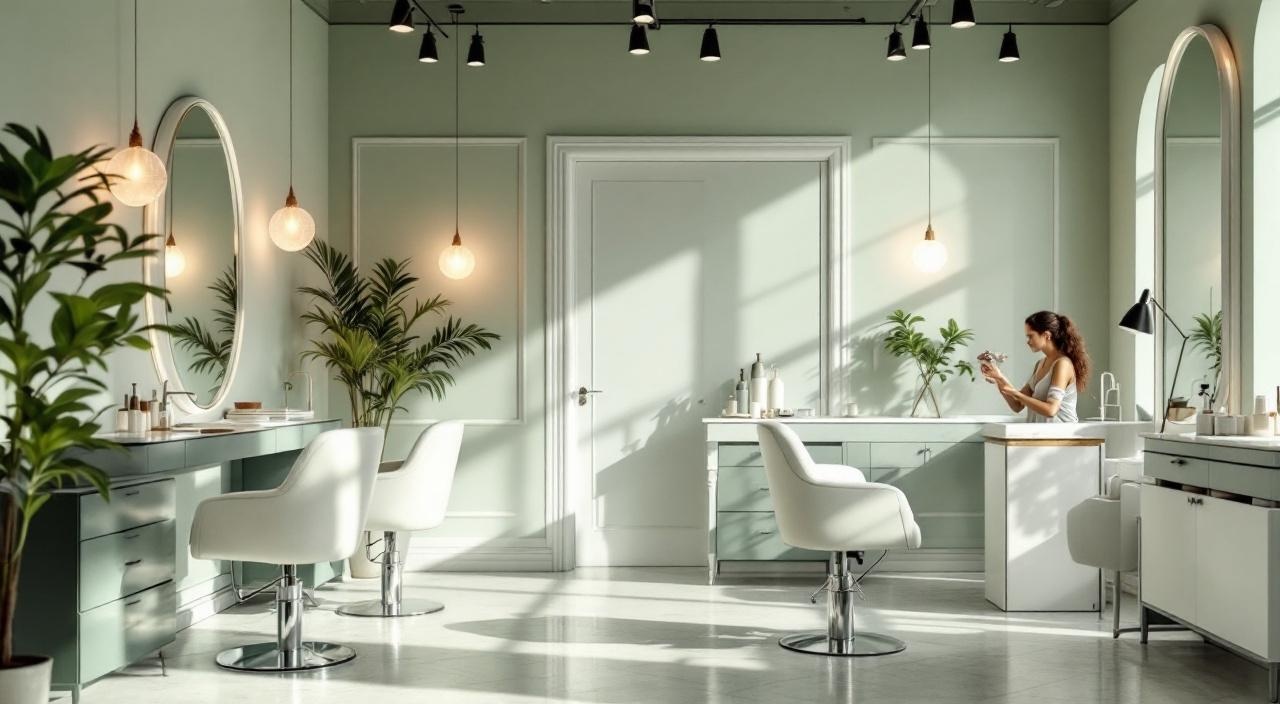 Interno moderno di un blow dry bar italiano con postazioni styling 2026