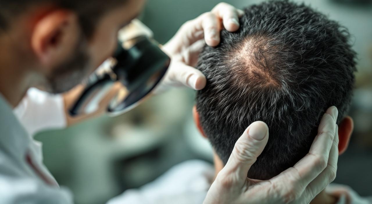 Tricologo esamina cuoio capelluto grasso con dermoscopio in salone professionale 2026