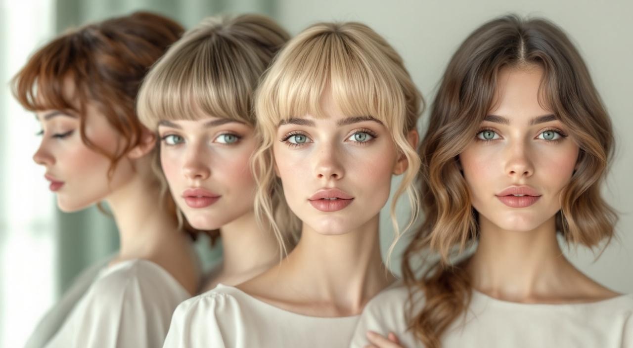 Curtain bangs su diverse forme del viso: confronto ovale, tondo, cuore e lungo