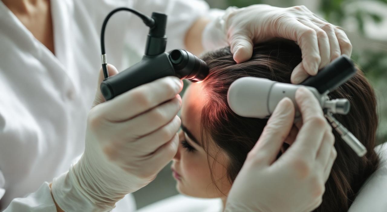 Tricologo esamina cuoio capelluto donna con dermatoscopio professionale clinica 2026
