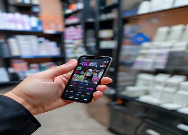 Titolare salone controlla Google My Business su smartphone