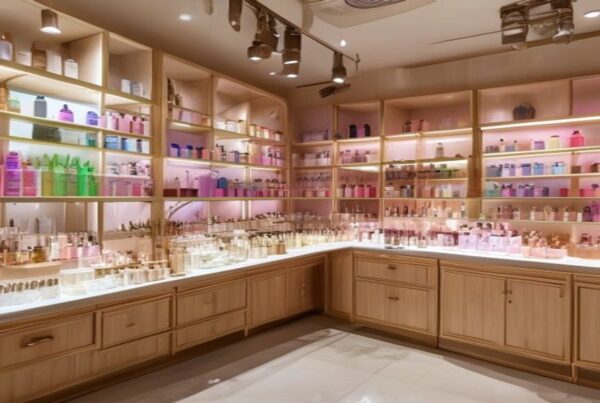 Magazzino salone con prodotti beauty e coloranti professionali organizzati