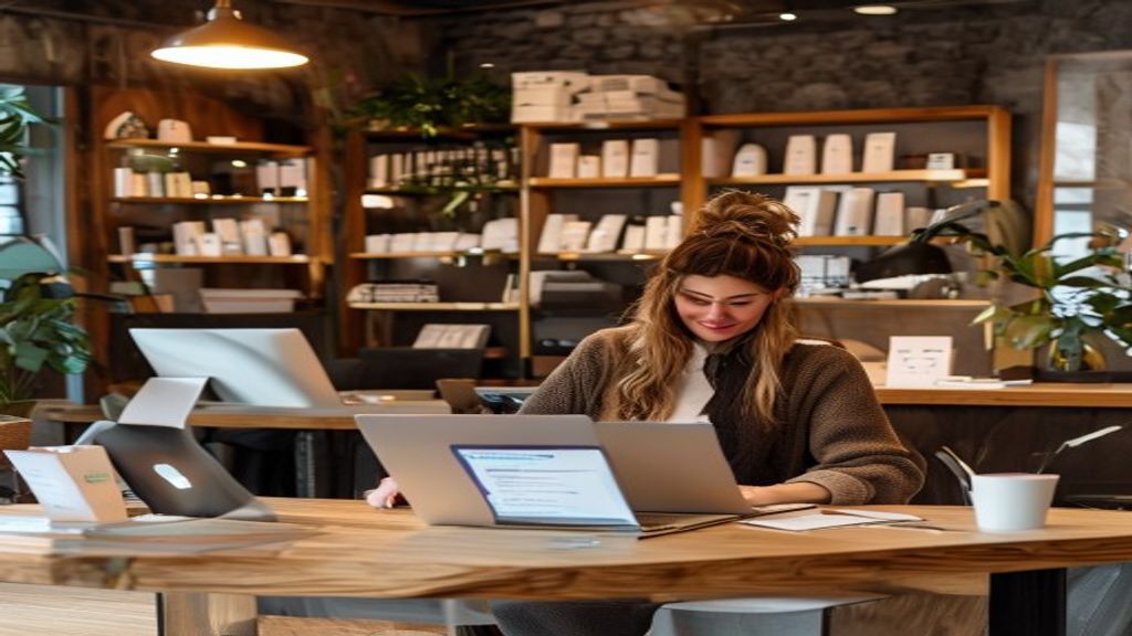 Titolare salone organizza promozioni invernali al banco reception con laptop