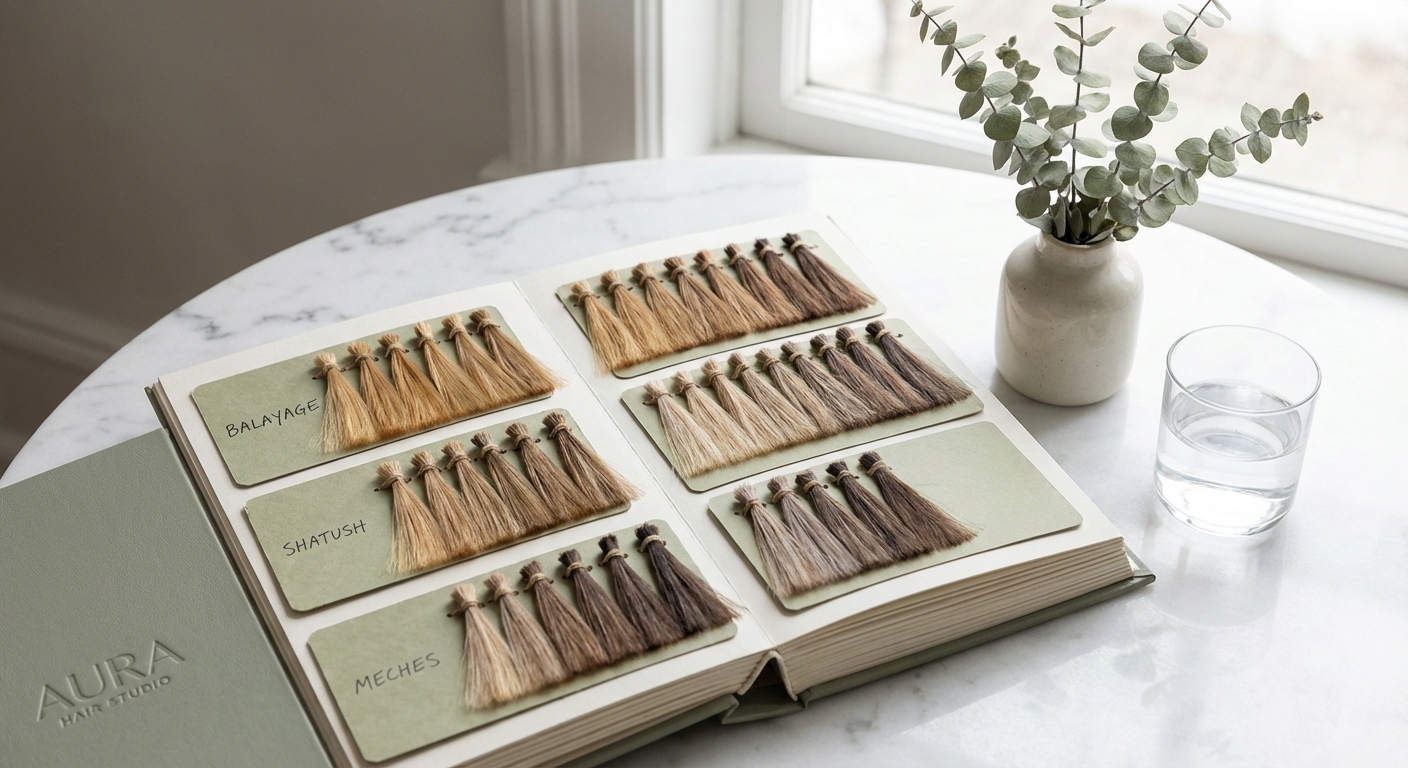 Confronto tra tecniche di colore capelli: campioni di balayage, shatush e meches su tavolo bianco